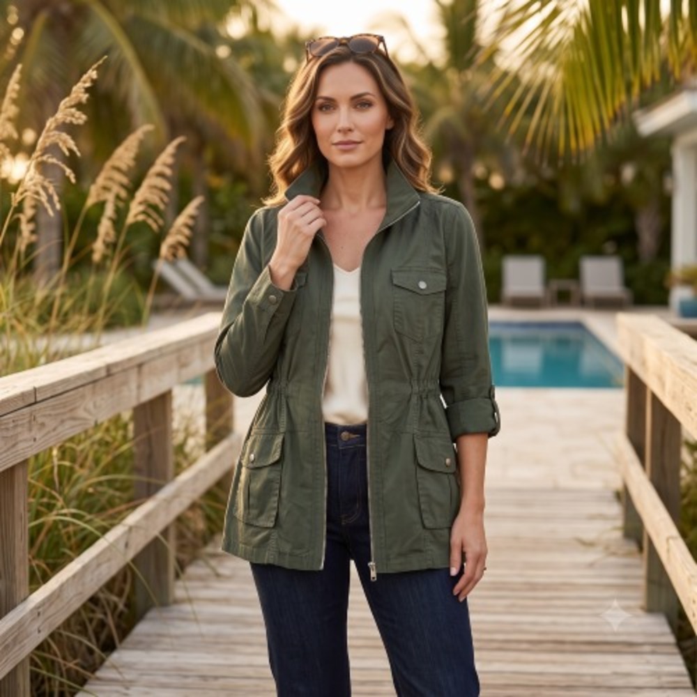 JADE & IVORY Women's Olive Green Cotton Utility Jacket Field Coat Size XL Mock N